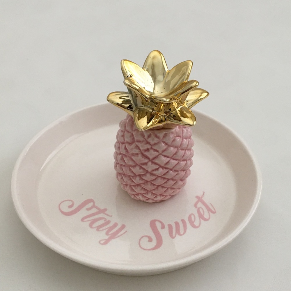 Pink Pineapple Gold Crown Trinket Ceramic Dish La Casa Bella 5.5 Inches